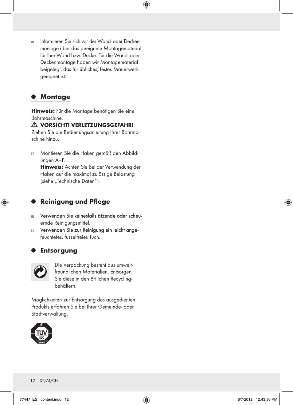 Montage, Reinigung und pflege, Entsorgung | Powerfix Z28431 User Manual | Page 12 / 16