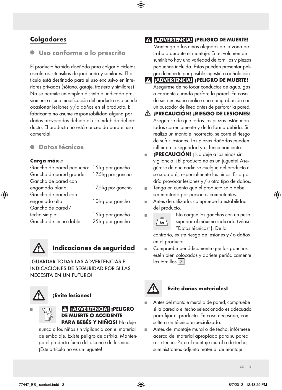 77447_es_ content, Colgadores, Uso conforme a lo prescrito | Datos técnicos, Indicaciones de seguridad | Powerfix Z28431 User Manual | Page 3 / 16