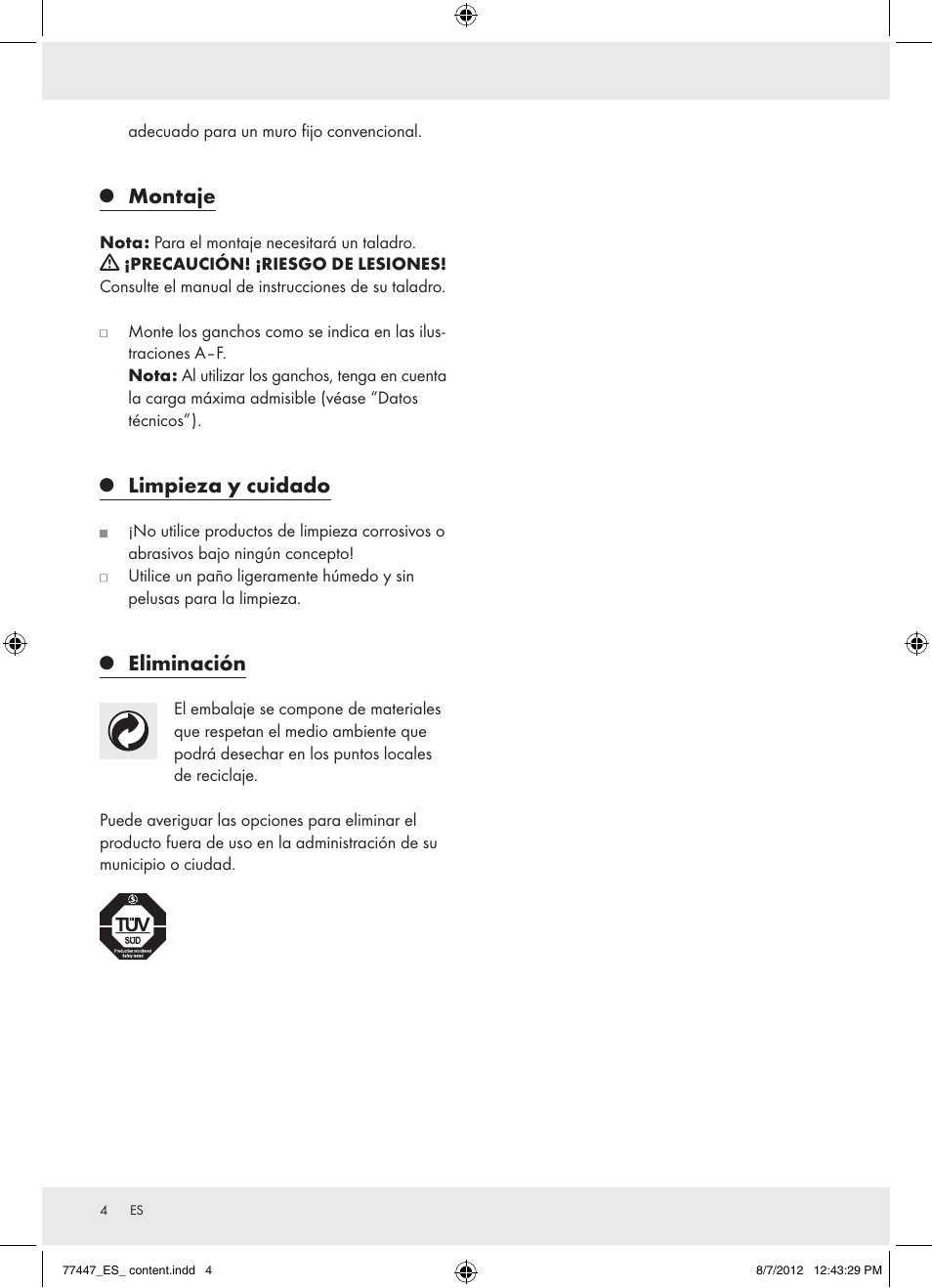 Montaje, Limpieza y cuidado, Eliminación | Powerfix Z28431 User Manual | Page 4 / 16