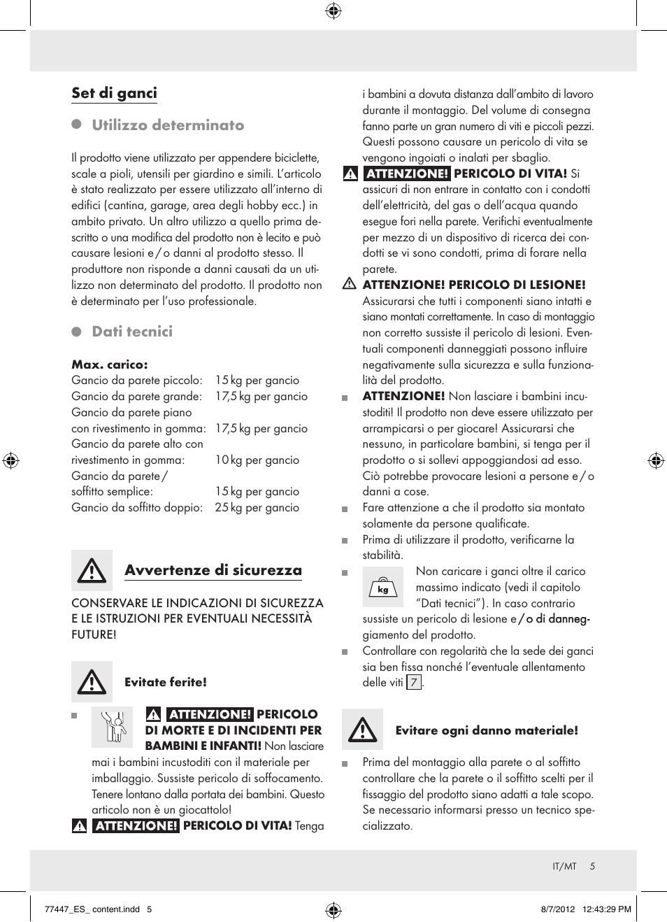 Set di ganci, Utilizzo determinato, Dati tecnici | Avvertenze di sicurezza | Powerfix Z28431 User Manual | Page 5 / 16