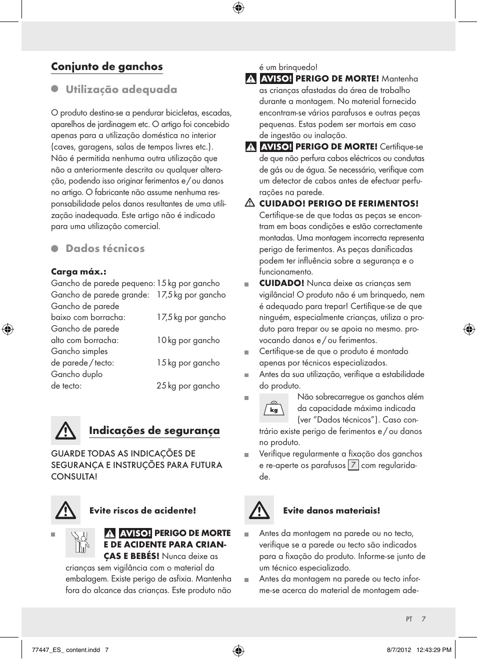 Conjunto de ganchos, Utilização adequada, Dados técnicos | Indicações de segurança | Powerfix Z28431 User Manual | Page 7 / 16