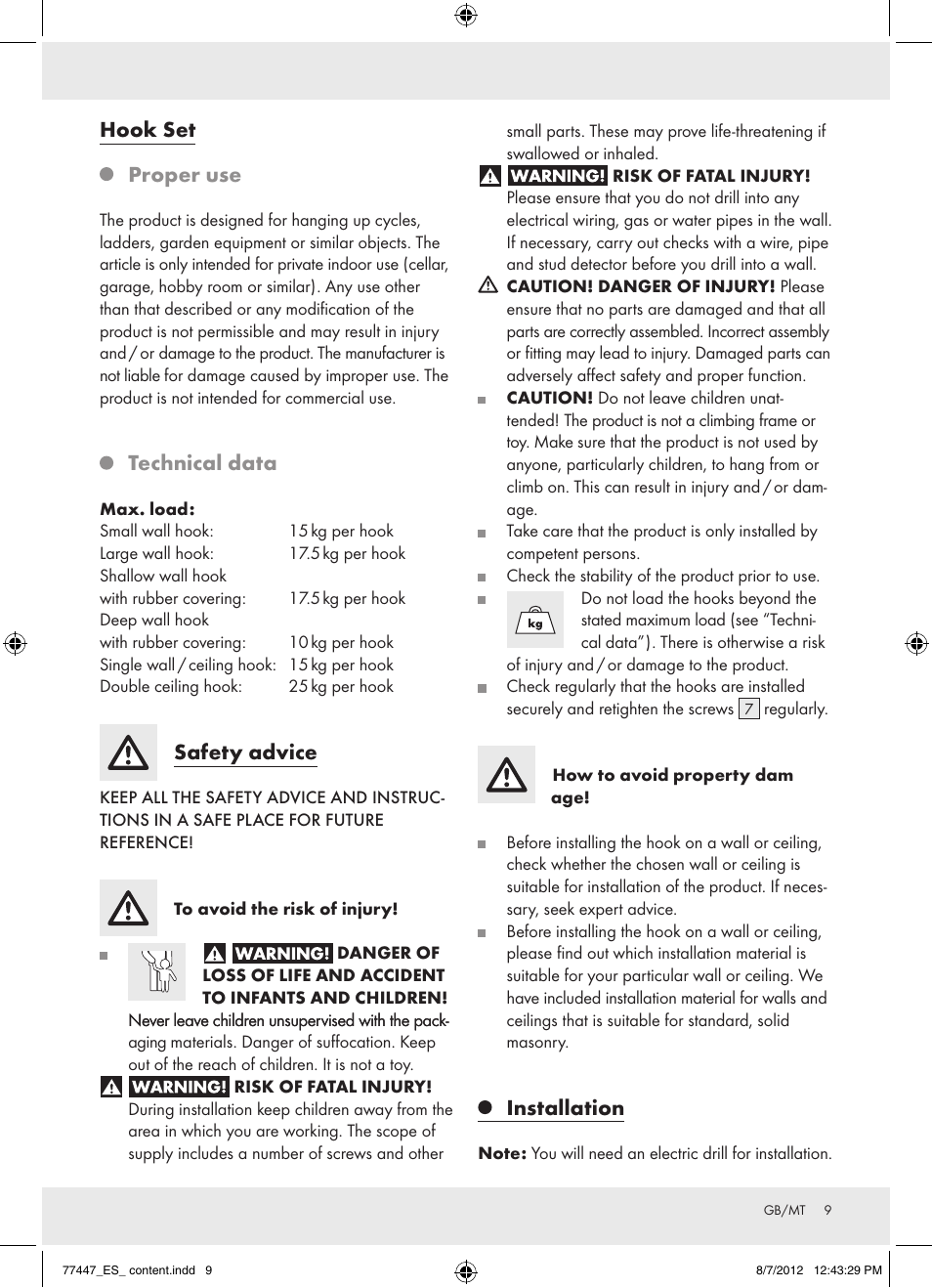 Hook set proper use, Technical data, Safety advice | Installation | Powerfix Z28431 User Manual | Page 9 / 16