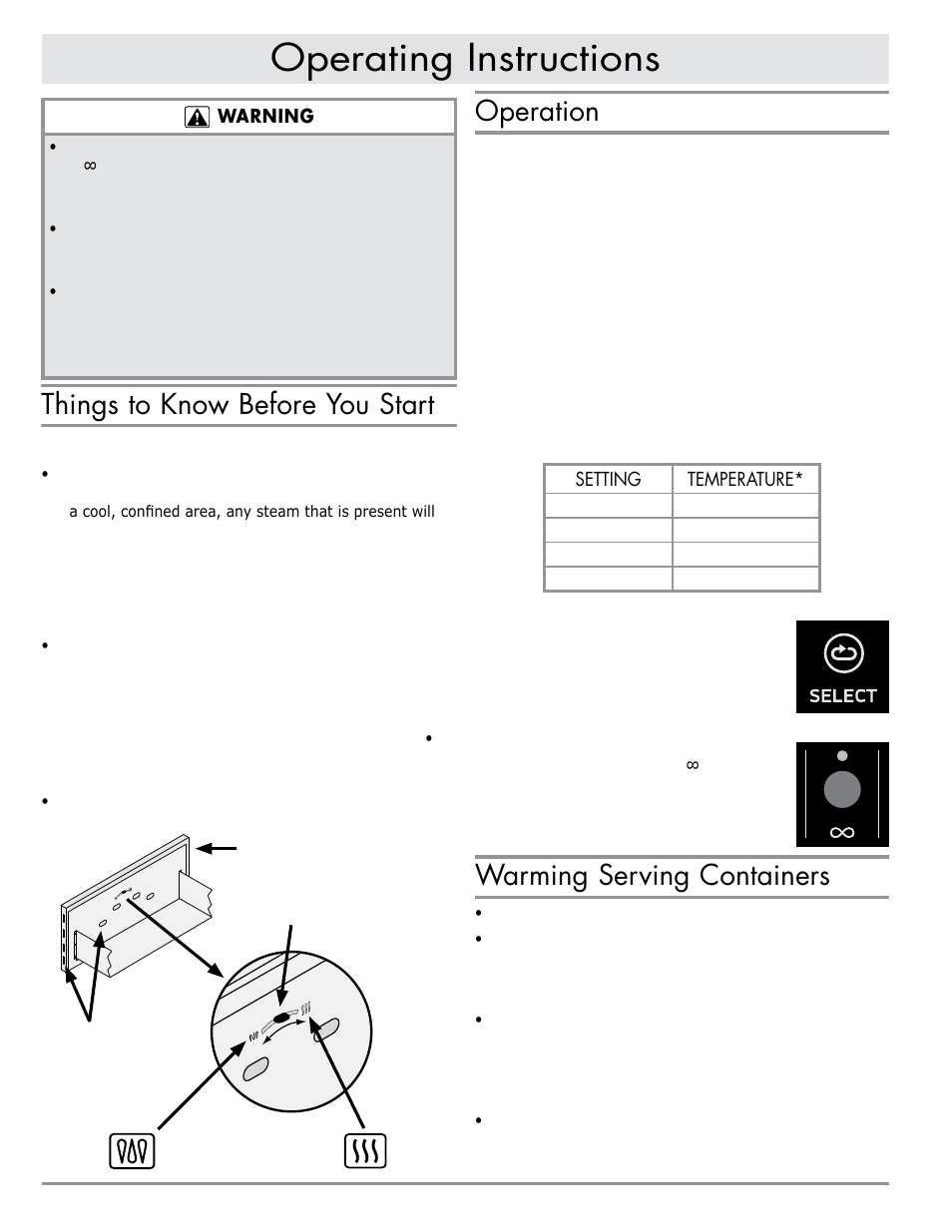 Operating instructions, Things to know before you start, Operation | Warming serving containers, Preheating, Humidity control | Dacor MWDV30 User Manual | Page 6 / 12