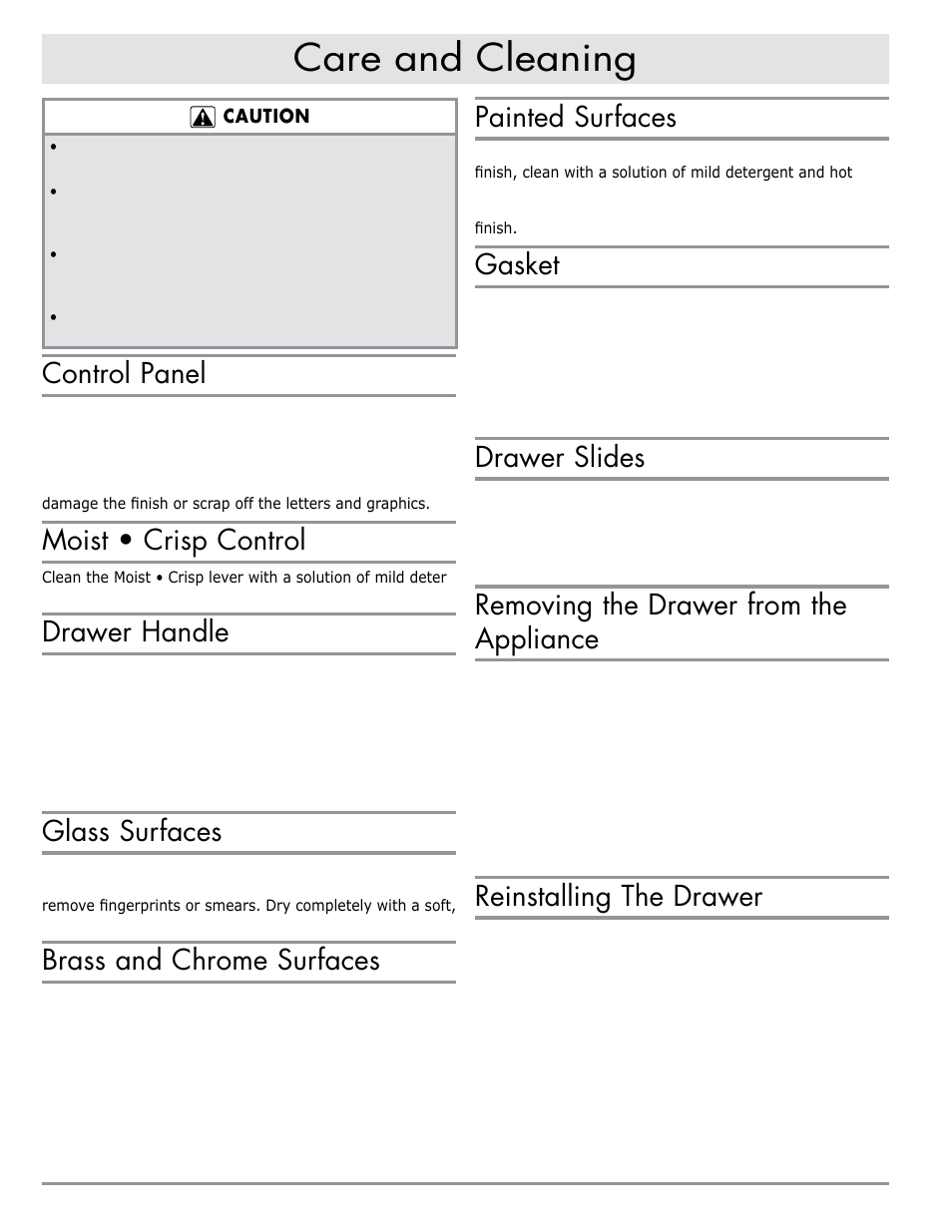 Care and cleaning, Control panel, Moist • crisp control | Drawer handle, Glass surfaces, Brass and chrome surfaces, Painted surfaces, Gasket, Drawer slides, Removing the drawer from the appliance | Dacor MWDV30 User Manual | Page 8 / 12