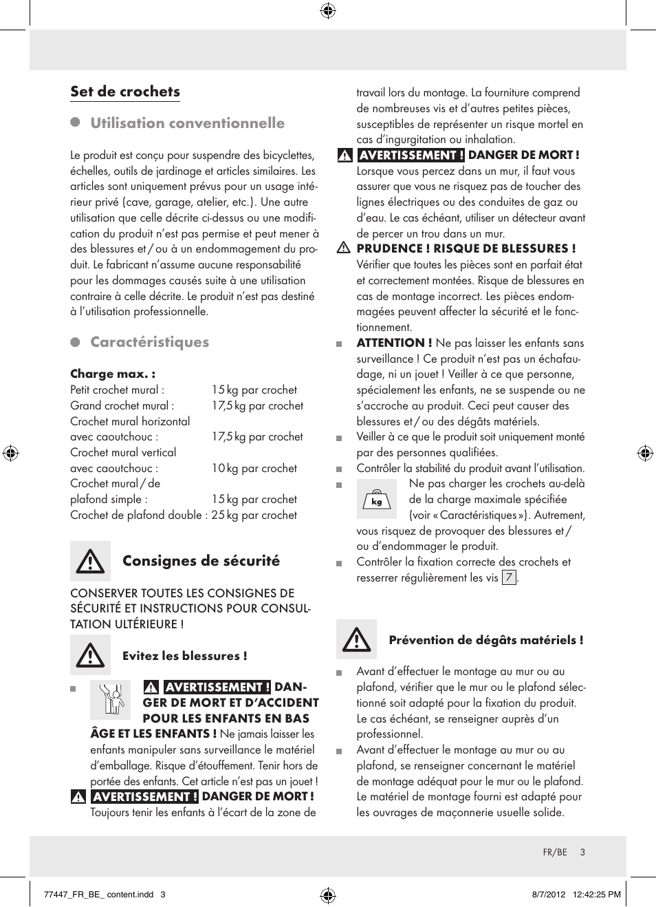 77447_fr_be_ content, Set de crochets, Utilisation conventionnelle | Caractéristiques, Consignes de sécurité | Powerfix Z28431 User Manual | Page 3 / 12