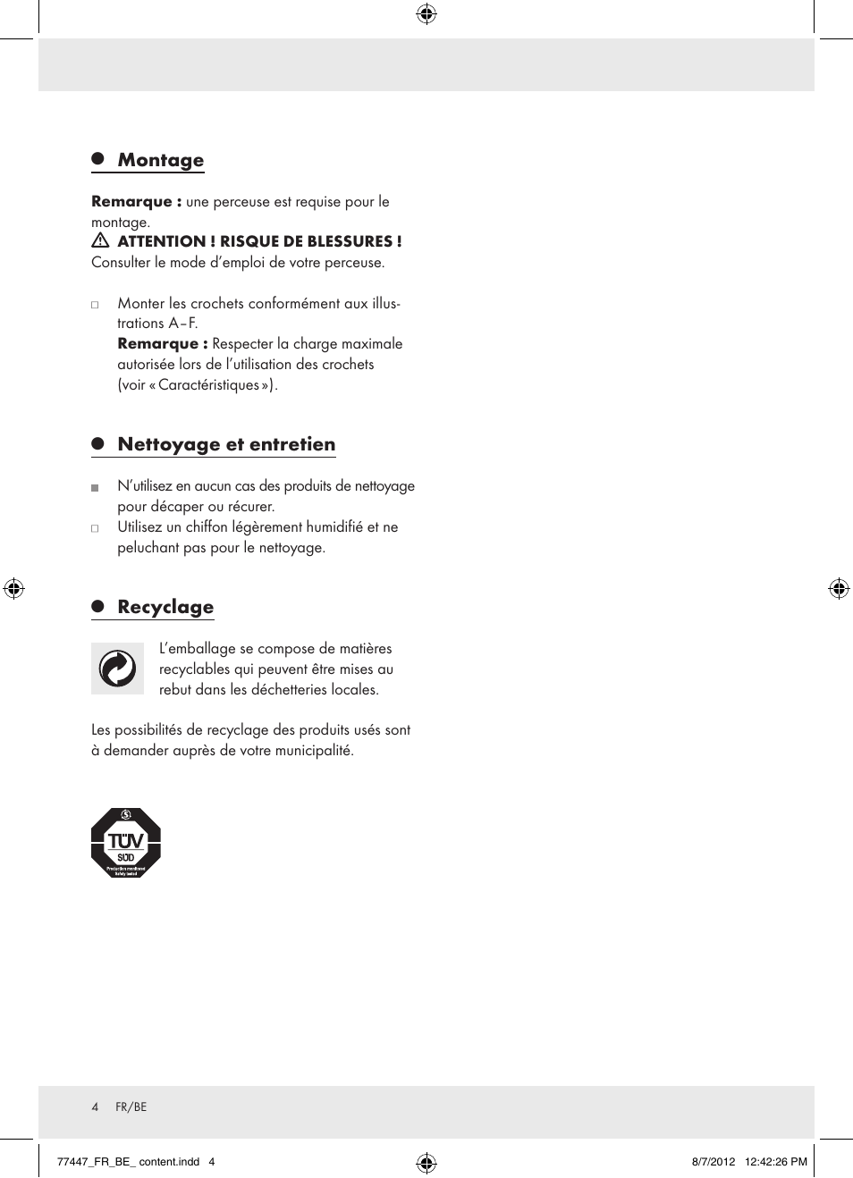 Montage, Nettoyage et entretien, Recyclage | Powerfix Z28431 User Manual | Page 4 / 12