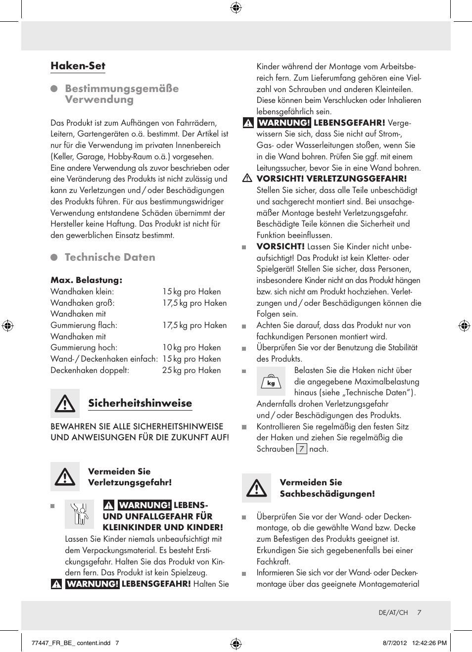 Haken-set bestimmungsgemäße verwendung, Technische daten, Sicherheitshinweise | Powerfix Z28431 User Manual | Page 7 / 12