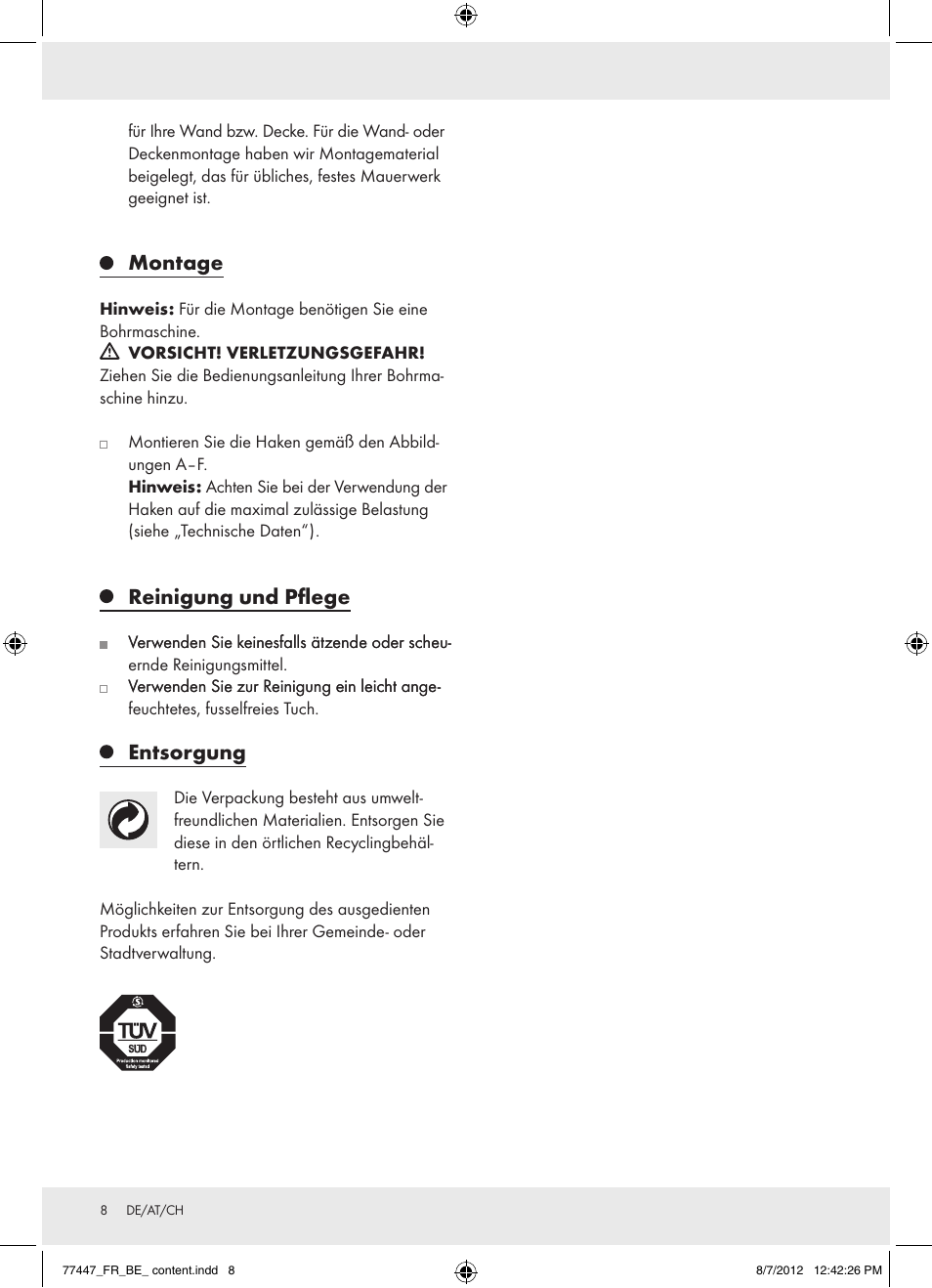 Montage, Reinigung und pflege, Entsorgung | Powerfix Z28431 User Manual | Page 8 / 12