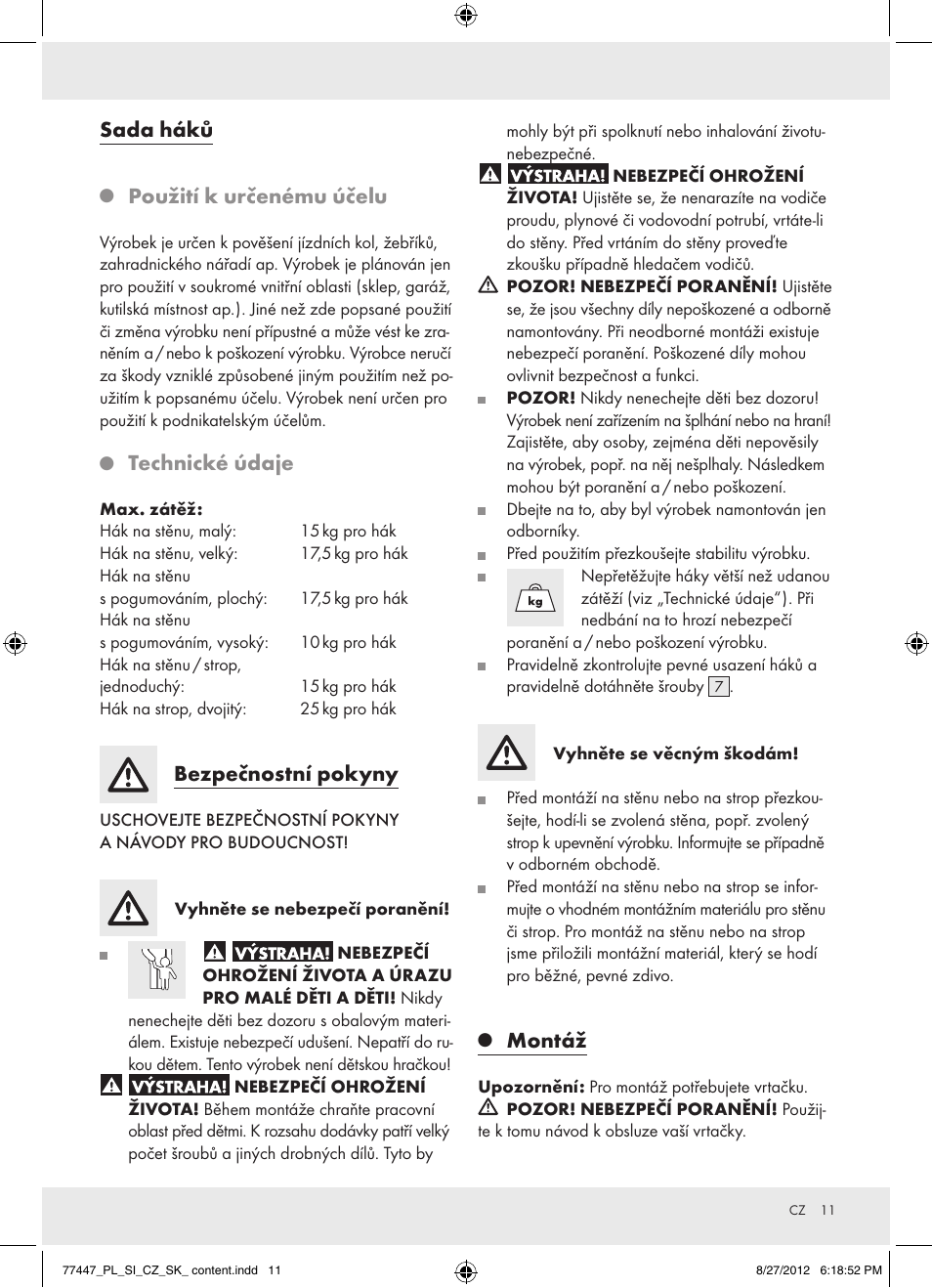 Sada háků, Použití k určenému účelu, Technické údaje | Bezpečnostní pokyny, Montáž | Powerfix Z28431 User Manual | Page 11 / 20