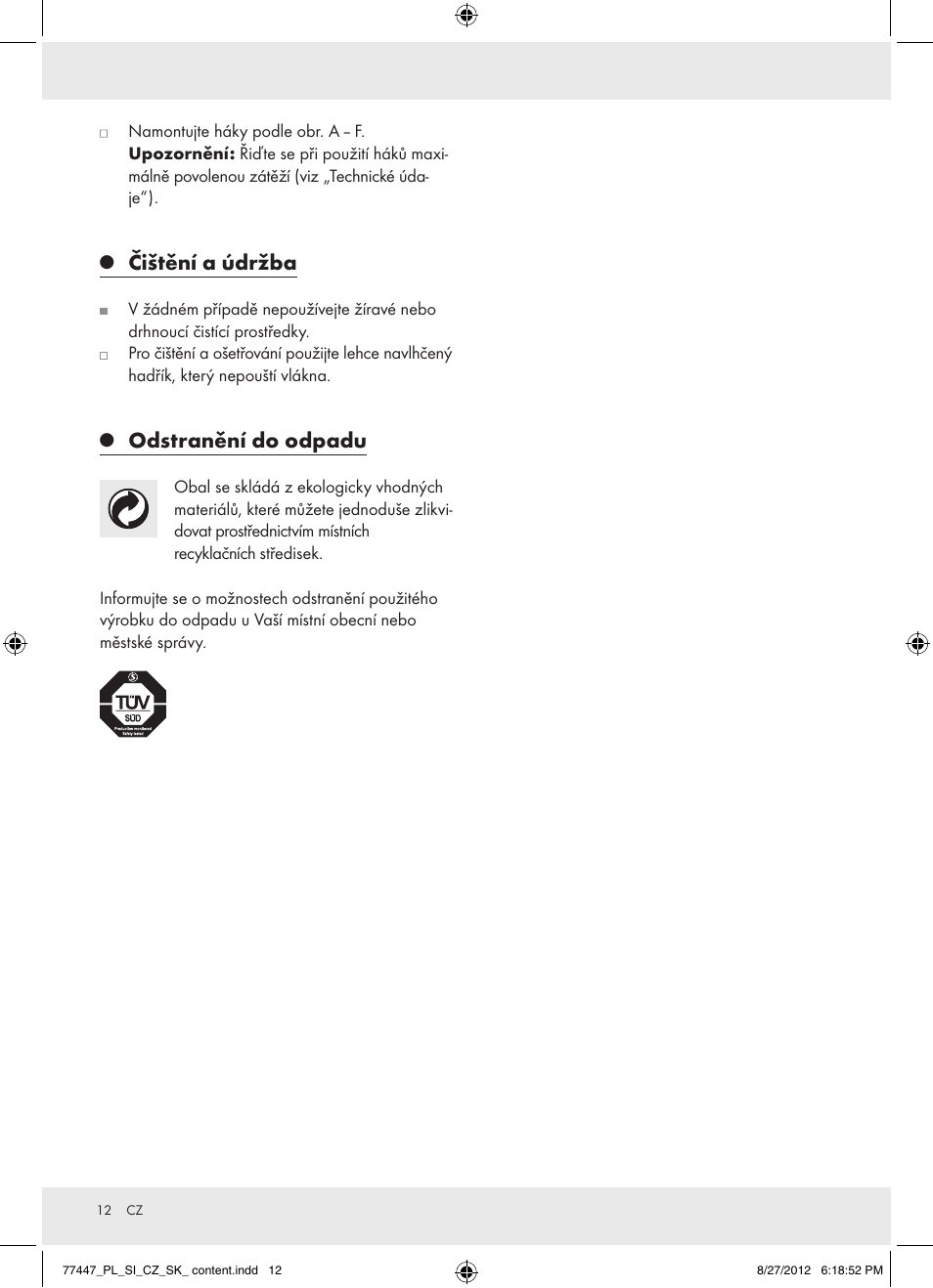 Čištění a údržba, Odstranění do odpadu | Powerfix Z28431 User Manual | Page 12 / 20
