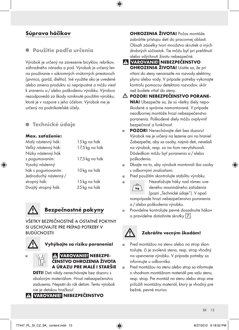 Súprava háčikov, Použitie podľa určenia, Technické údaje | Bezpečnostné pokyny | Powerfix Z28431 User Manual | Page 13 / 20