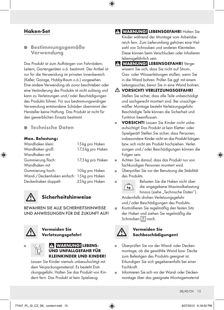 Haken-set bestimmungsgemäße verwendung, Technische daten, Sicherheitshinweise | Powerfix Z28431 User Manual | Page 15 / 20