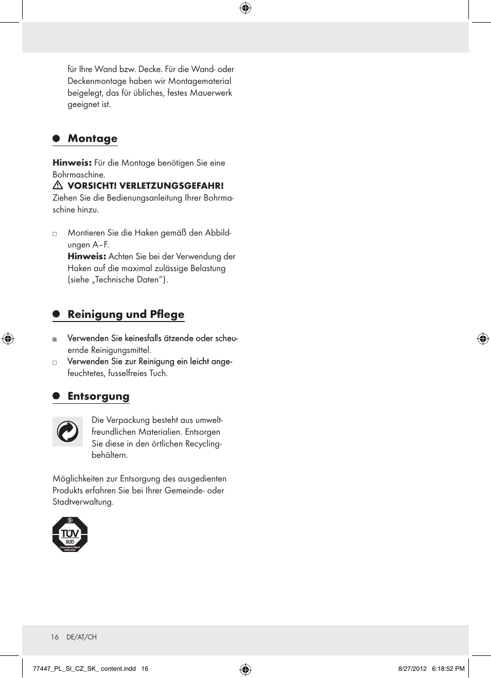Montage, Reinigung und pflege, Entsorgung | Powerfix Z28431 User Manual | Page 16 / 20
