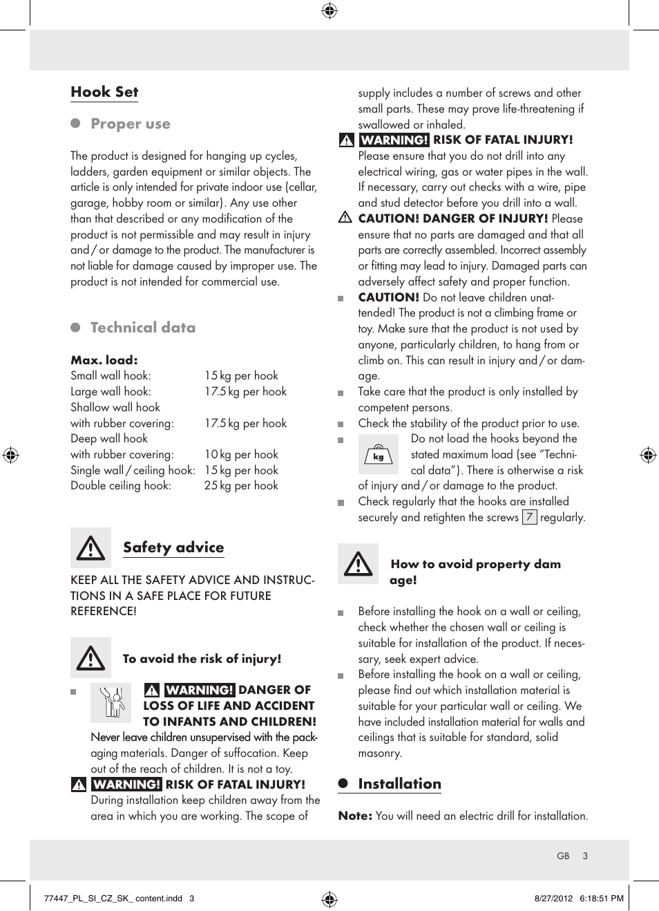77447_pl_si_cz_sk_ content, Hook set proper use, Technical data | Safety advice, Installation | Powerfix Z28431 User Manual | Page 3 / 20