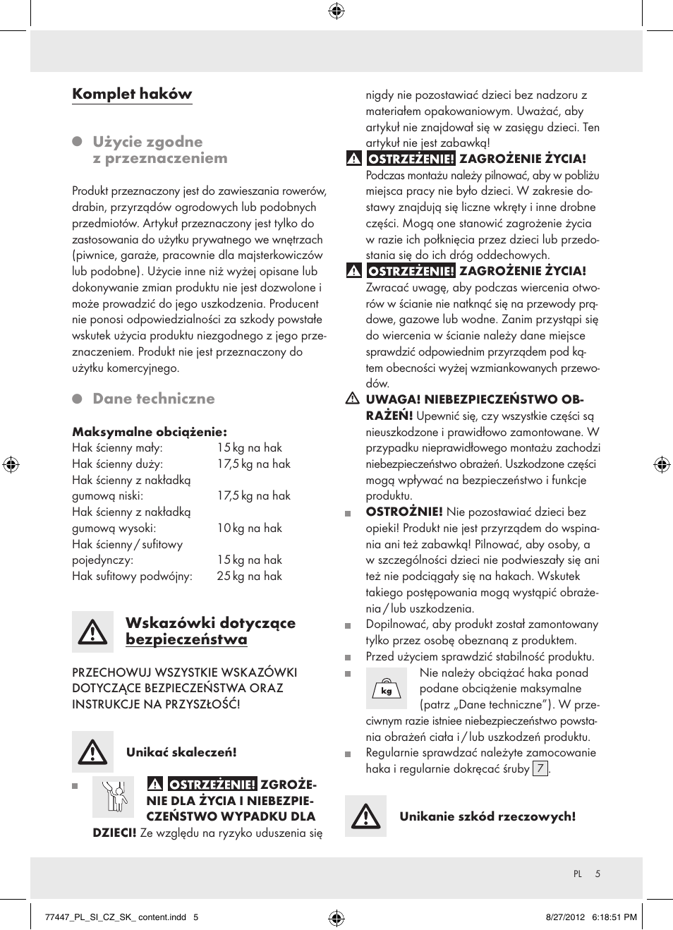 Komplet haków, Użycie zgodne z przeznaczeniem, Dane techniczne | Wskazówki dotyczące bezpieczeństwa | Powerfix Z28431 User Manual | Page 5 / 20