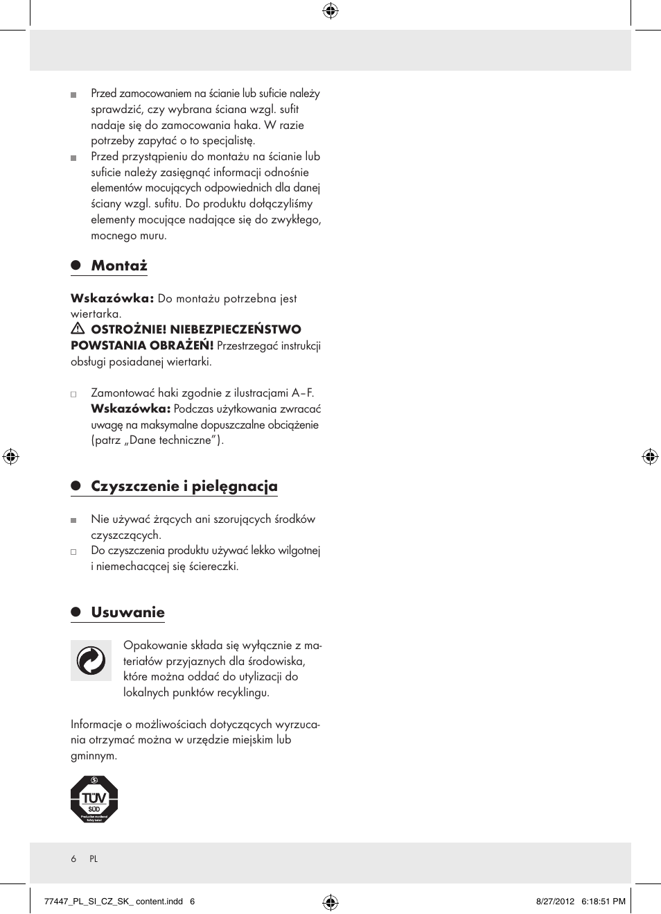 Montaż, Czyszczenie i pielęgnacja, Usuwanie | Powerfix Z28431 User Manual | Page 6 / 20