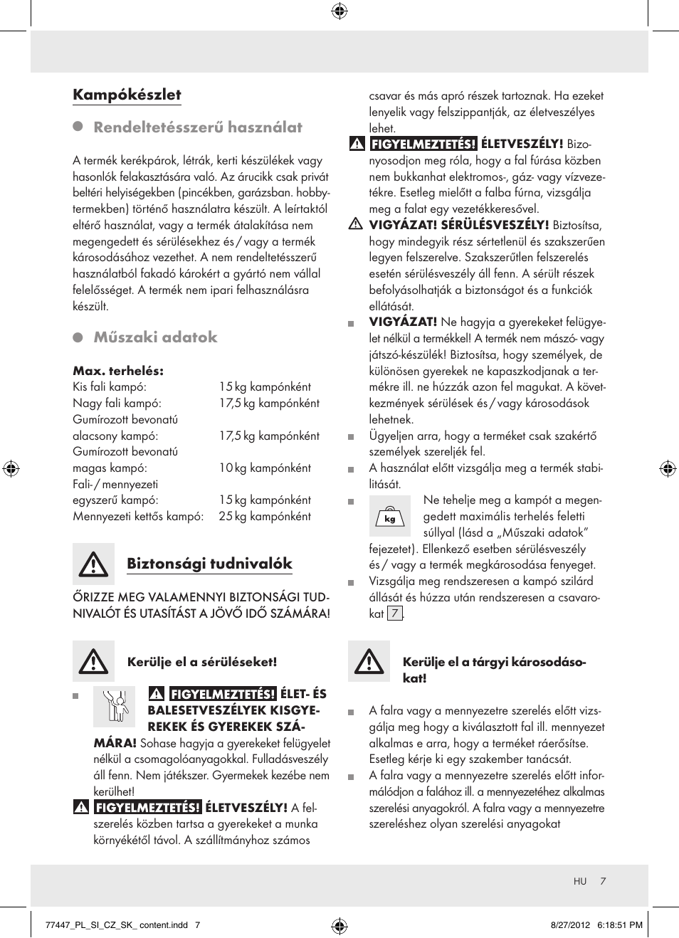 Kampókészlet, Rendeltetésszerű használat, Műszaki adatok | Biztonsági tudnivalók | Powerfix Z28431 User Manual | Page 7 / 20
