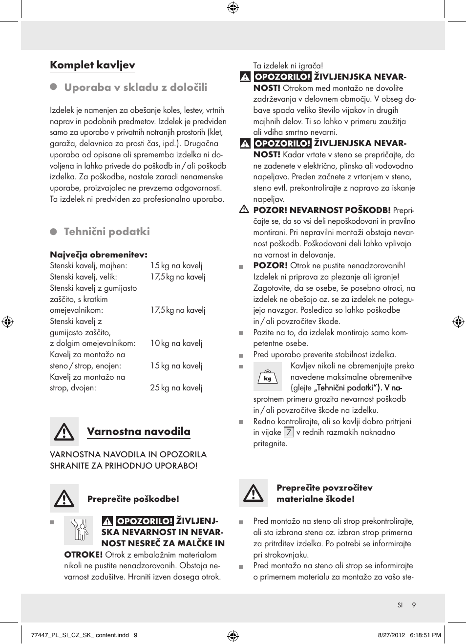Komplet kavljev, Uporaba v skladu z določili, Tehnični podatki | Varnostna navodila | Powerfix Z28431 User Manual | Page 9 / 20