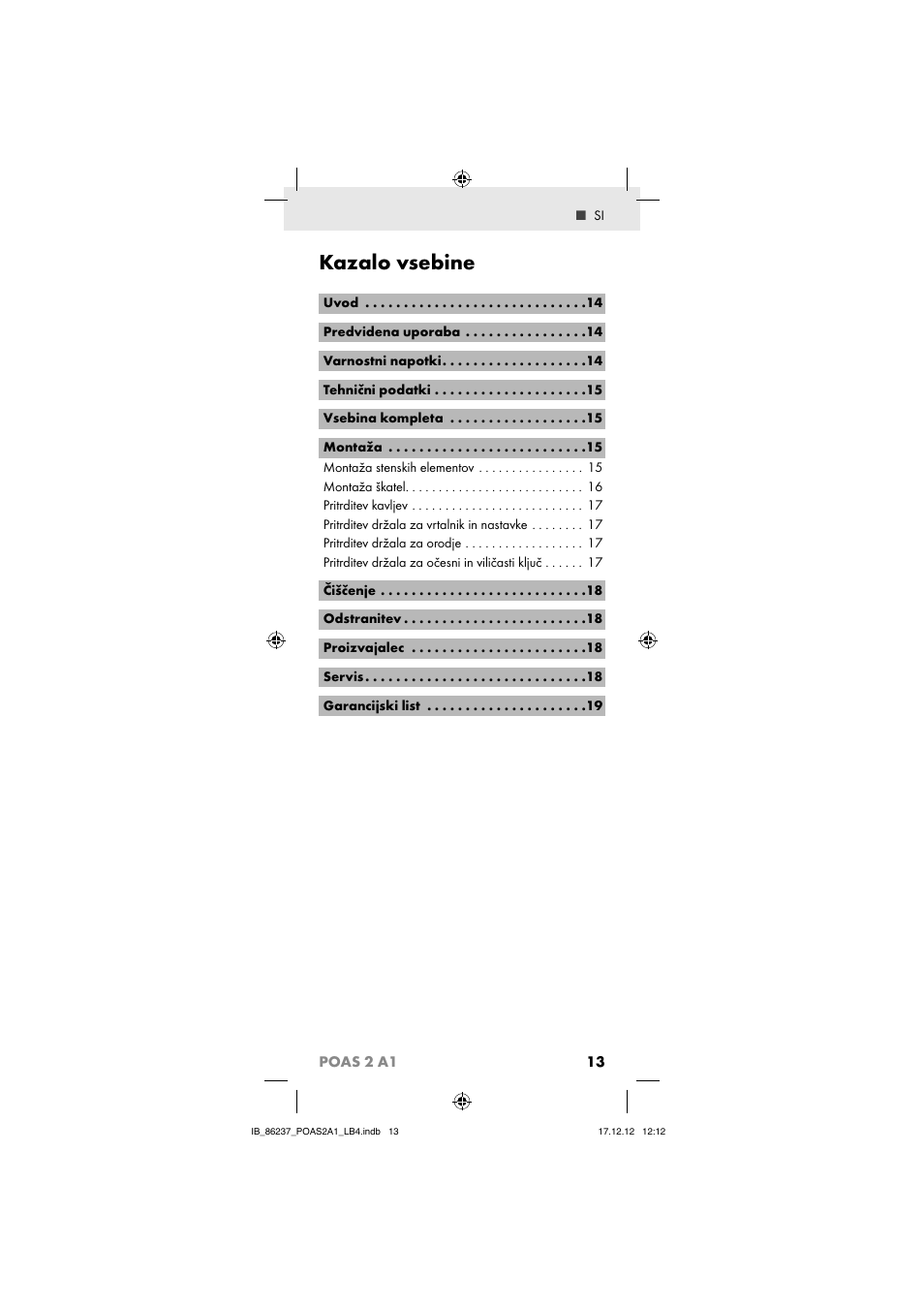 Kazalo vsebine, 13 poas 2 a1 | Powerfix POAS 2 A1 User Manual | Page 15 / 41