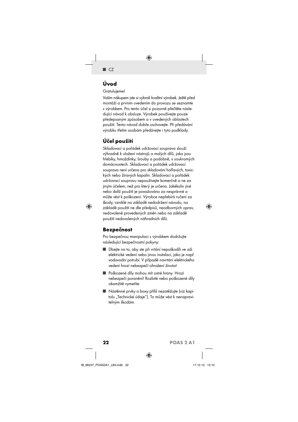 Úvod, Účel použití, Bezpečnost | 22 poas 2 a1 | Powerfix POAS 2 A1 User Manual | Page 24 / 41