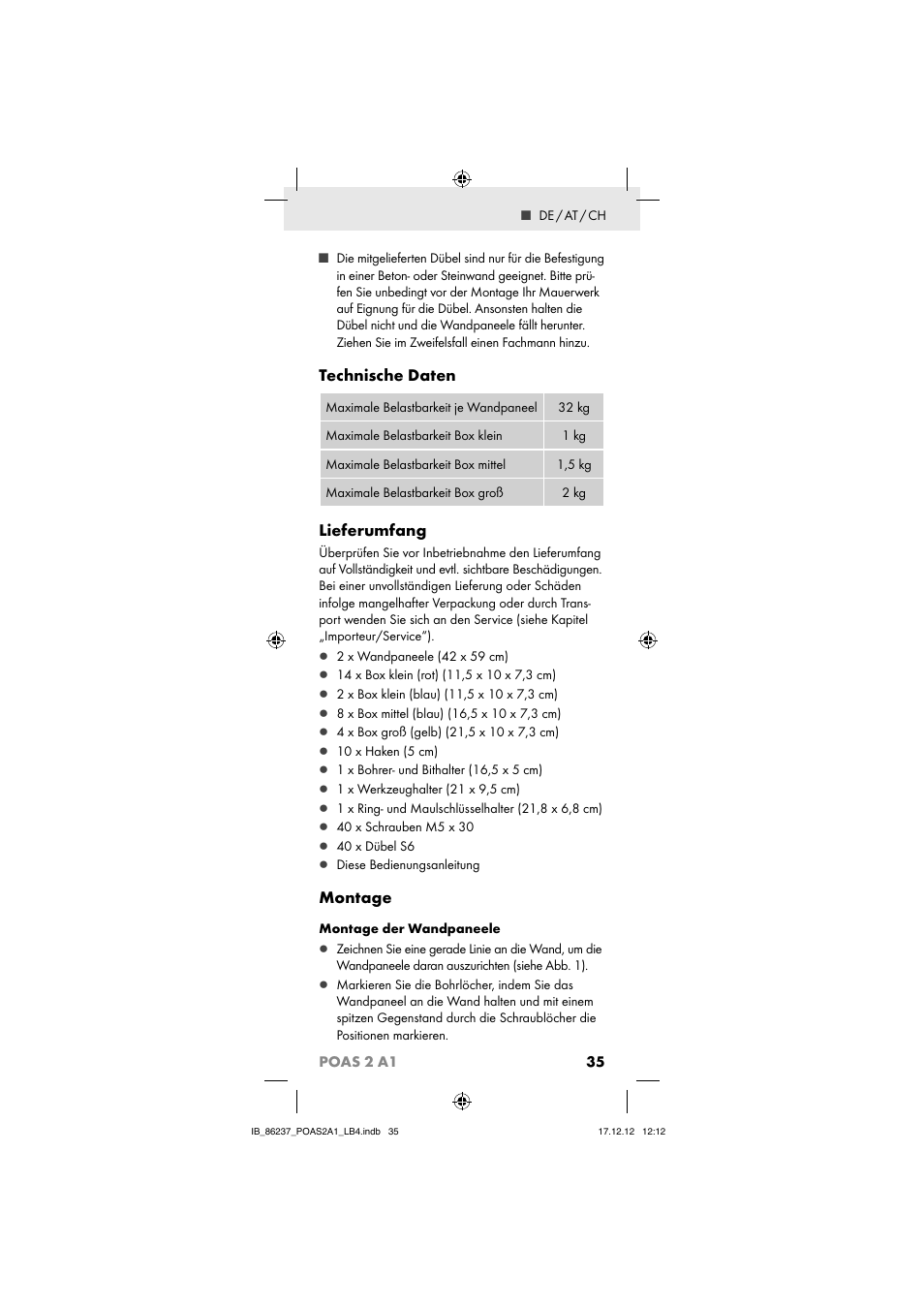 Technische daten, Lieferumfang, Montage | Powerfix POAS 2 A1 User Manual | Page 37 / 41