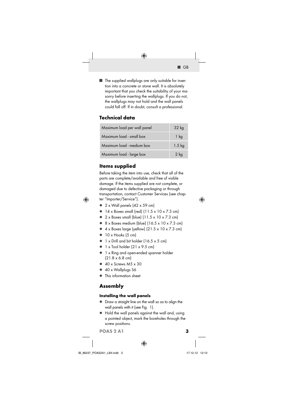 Technical data, Items supplied, Assembly | Powerfix POAS 2 A1 User Manual | Page 5 / 41
