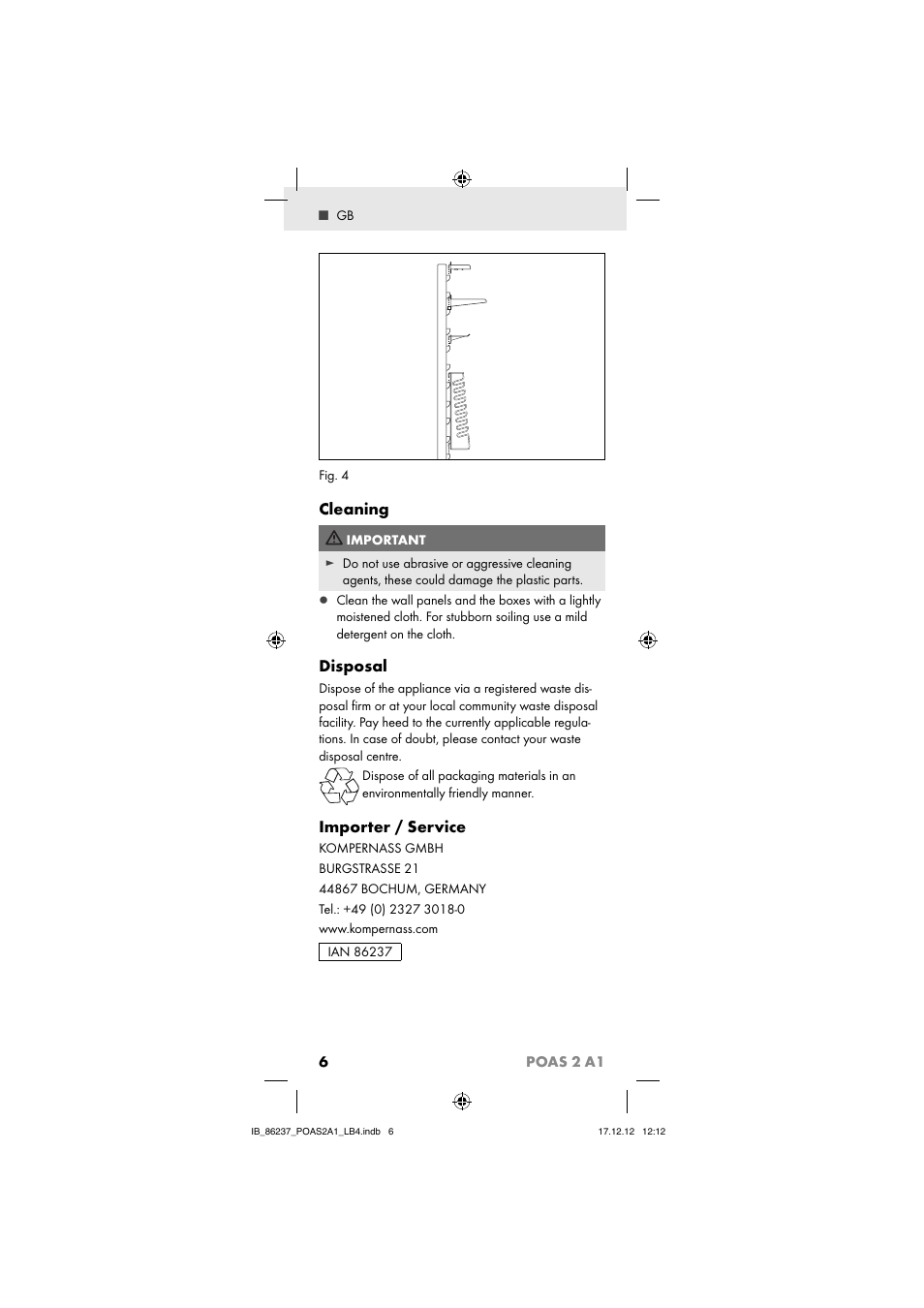 Cleaning, Disposal, Importer / service | 6poas 2 a1 | Powerfix POAS 2 A1 User Manual | Page 8 / 41