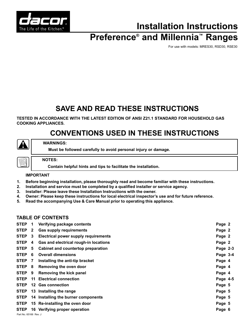 Dacor Preference and Millennia RSE30 User Manual | 8 pages