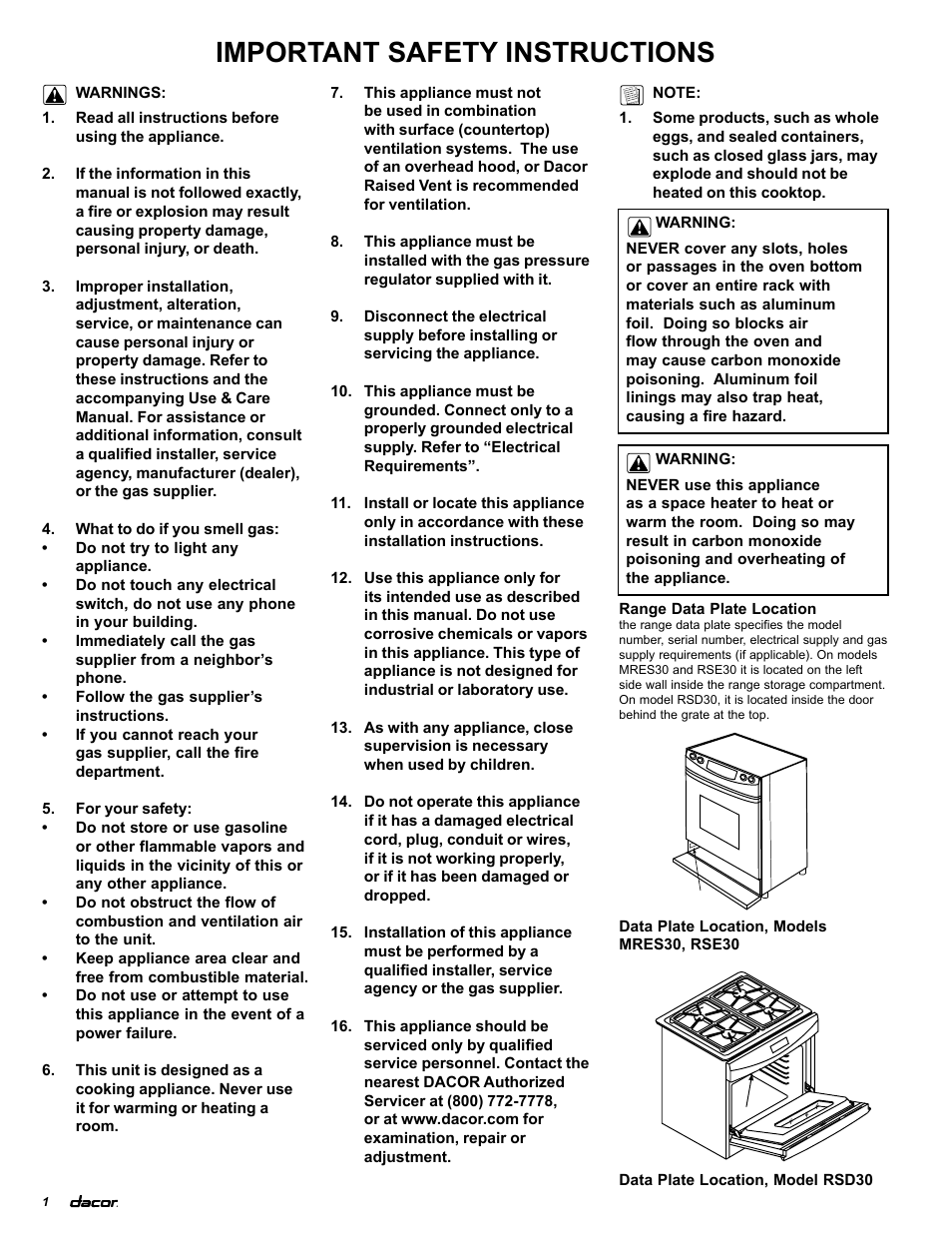 Important safety instructions | Dacor Preference and Millennia RSE30 User Manual | Page 2 / 8