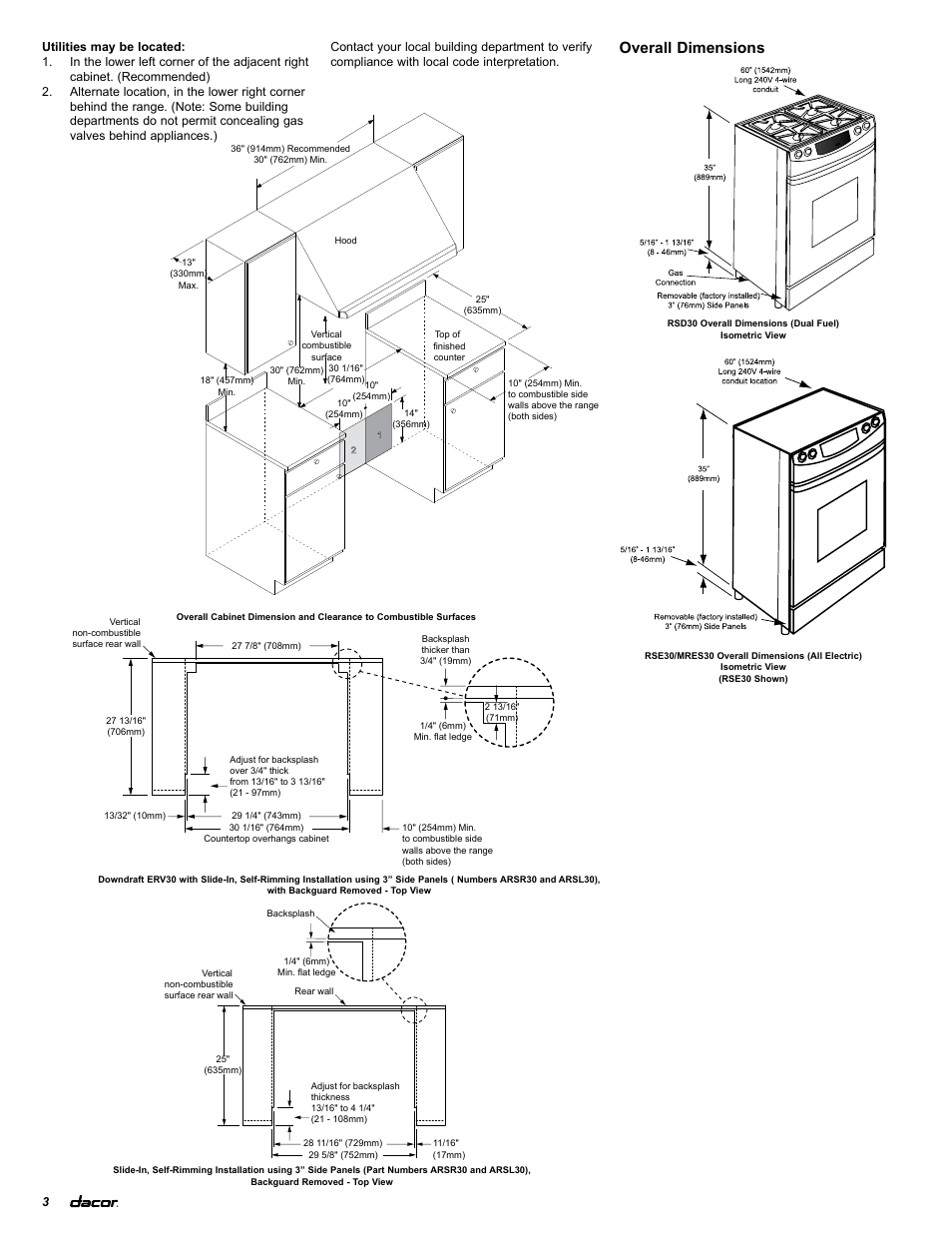 Overall dimensions | Dacor Preference and Millennia RSE30 User Manual | Page 4 / 8