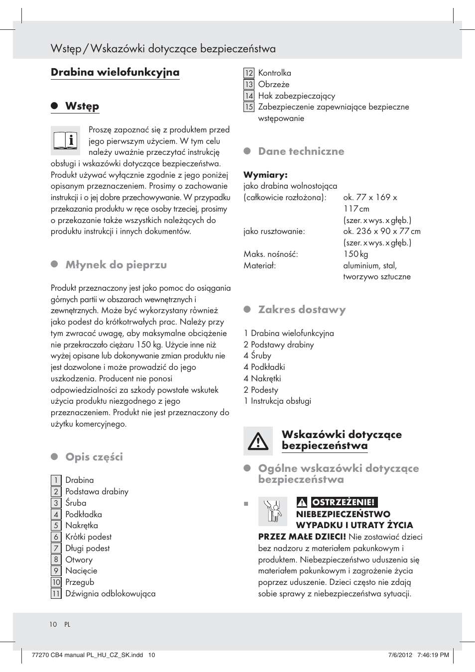Wstęp / wskazówki dotyczące bezpieczeństwa, Drabina wielofunkcyjna, Wstęp | Młynek do pieprzu, Opis części, Dane techniczne, Zakres dostawy, Wskazówki dotyczące bezpieczeństwa, Ogólne wskazówki dotyczące bezpieczeństwa | Powerfix Z30473 User Manual | Page 10 / 49