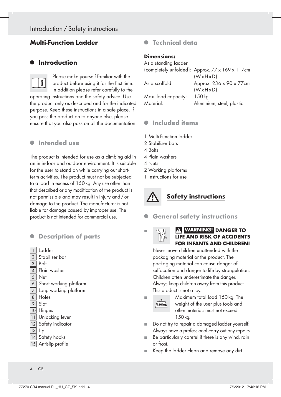 Introduction / safety instructions, Multi-function ladder, Introduction | Intended use, Description of parts, Technical data, Included items, Safety instructions, General safety instructions | Powerfix Z30473 User Manual | Page 4 / 49