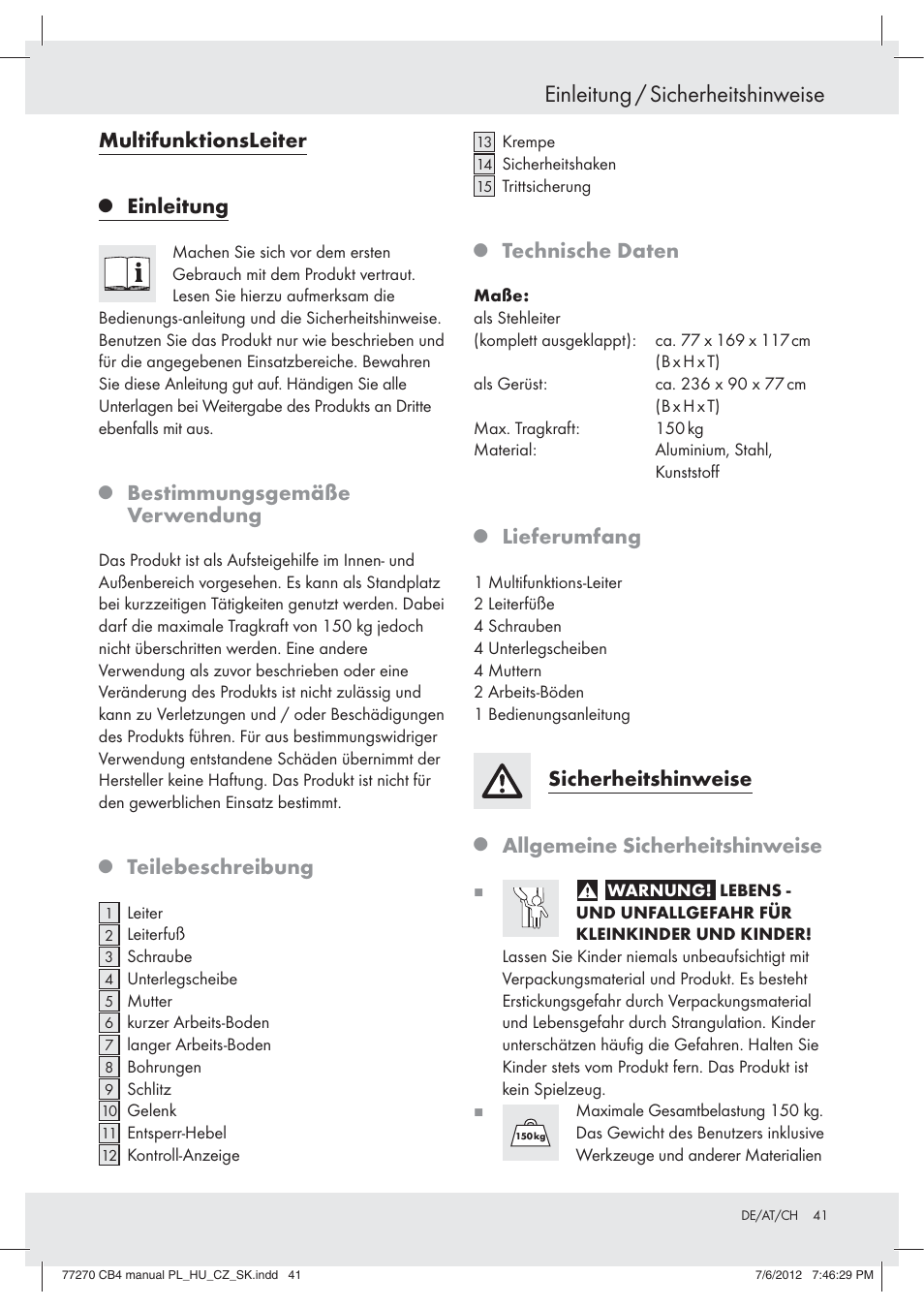 Einleitung / sicherheitshinweise, Multifunktionsleiter, Einleitung | Bestimmungsgemäße verwendung, Teilebeschreibung, Technische daten, Lieferumfang, Sicherheitshinweise, Allgemeine sicherheitshinweise | Powerfix Z30473 User Manual | Page 41 / 49