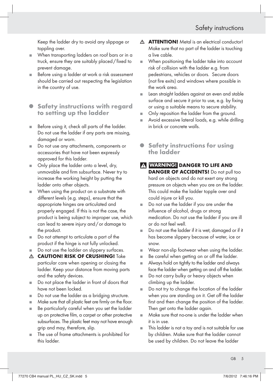 Safety instructions, Safety instructions for using the ladder | Powerfix Z30473 User Manual | Page 5 / 49