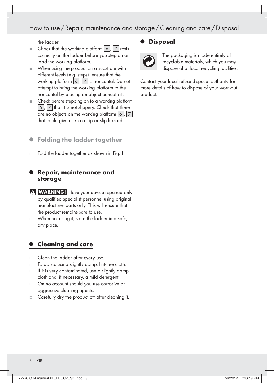 Folding the ladder together, Repair, maintenance and storage, Cleaning and care | Disposal | Powerfix Z30473 User Manual | Page 8 / 49
