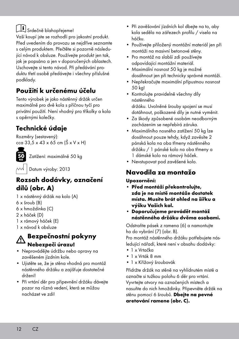 Použití k určenému účelu, Technické údaje, Rozsah dodávky, označení dílů (obr. a) | Bezpečnostní pokyny, Navodila za montažo | Powerfix Bicycle Wall Bracket User Manual | Page 12 / 20