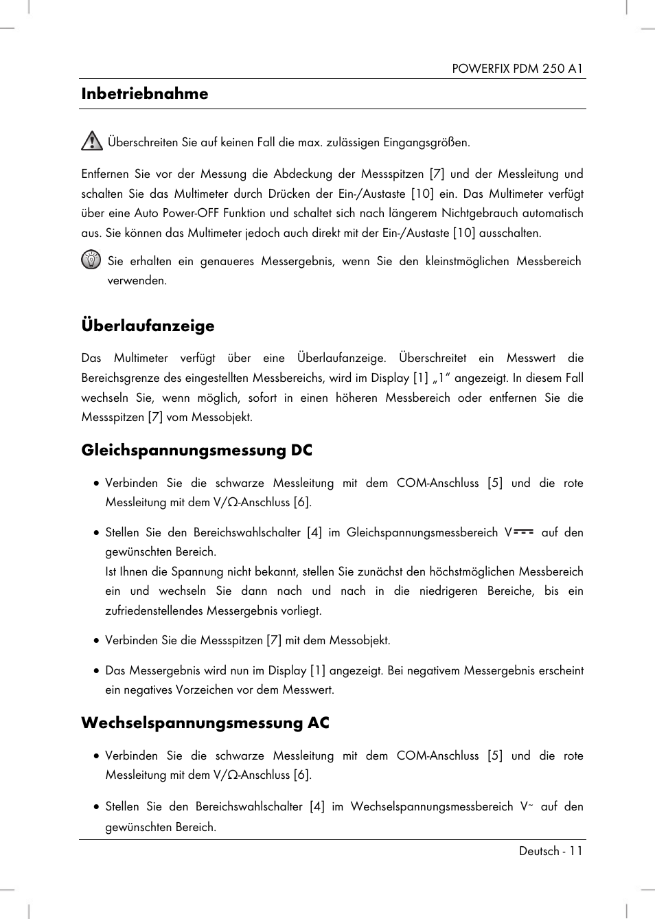 Inbetriebnahme, Überlaufanzeige, Gleichspannungsmessung dc | Wechselspannungsmessung ac | Powerfix PDM 250 A1 User Manual | Page 13 / 90