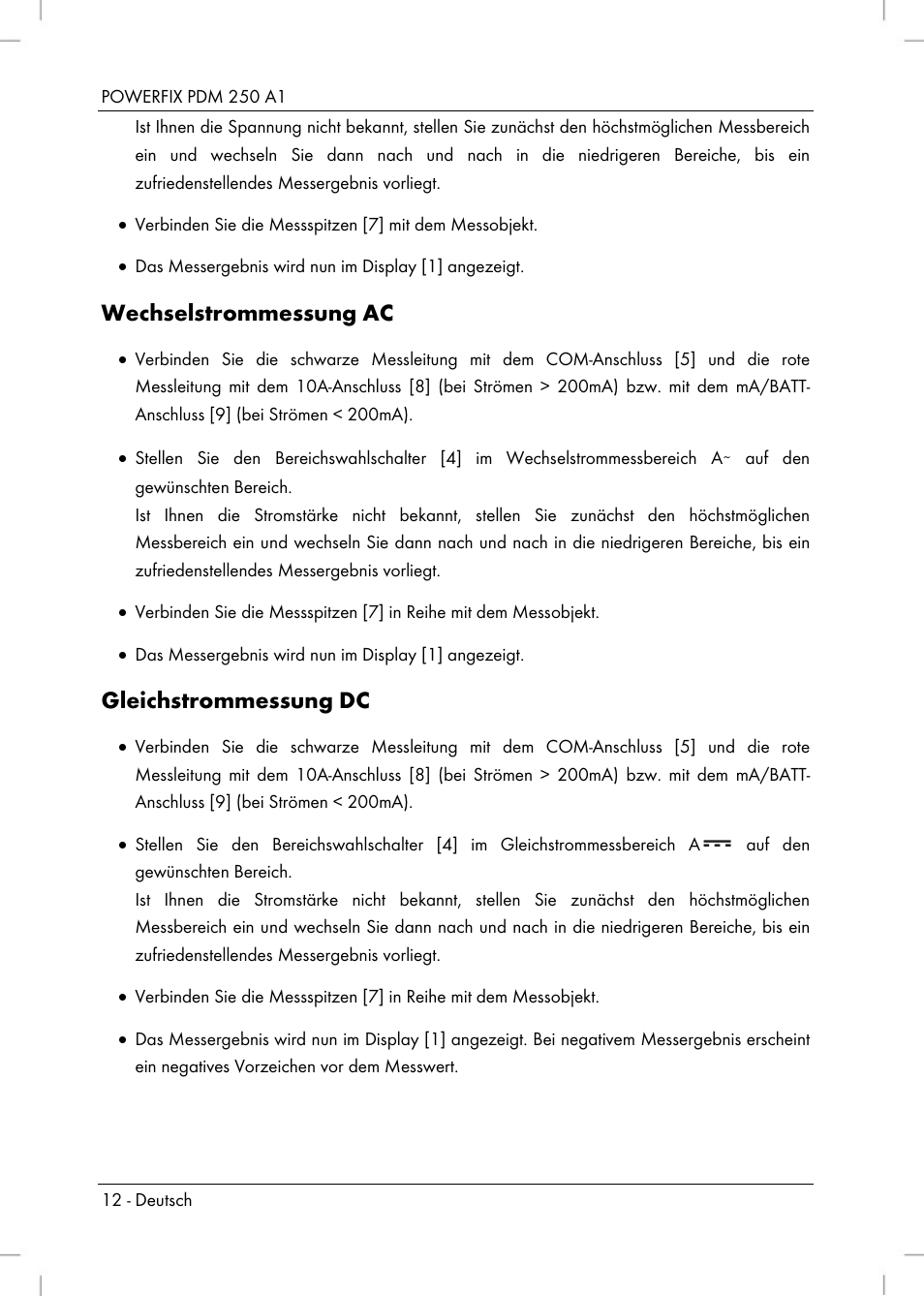 Wechselstrommessung ac, Gleichstrommessung dc | Powerfix PDM 250 A1 User Manual | Page 14 / 90