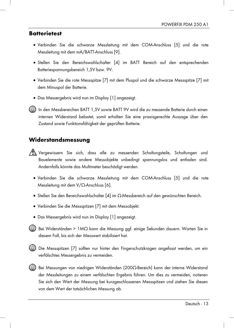 Batterietest, Widerstandsmessung | Powerfix PDM 250 A1 User Manual | Page 15 / 90