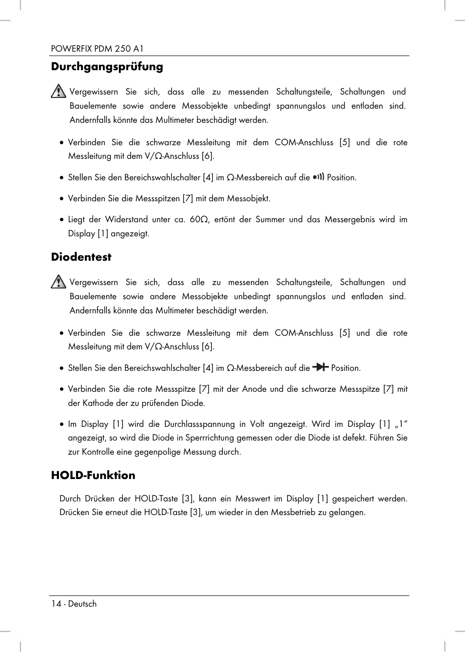 Durchgangsprüfung, Diodentest, Hold-funktion | Powerfix PDM 250 A1 User Manual | Page 16 / 90