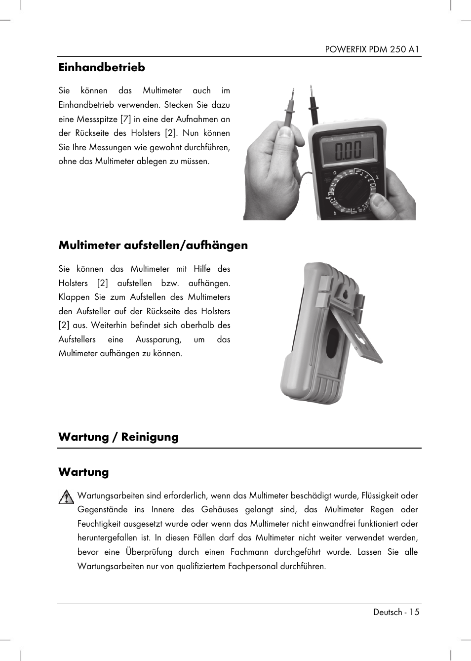 Einhandbetrieb, Multimeter aufstellen/aufhängen, Wartung / reinigung wartung | Powerfix PDM 250 A1 User Manual | Page 17 / 90