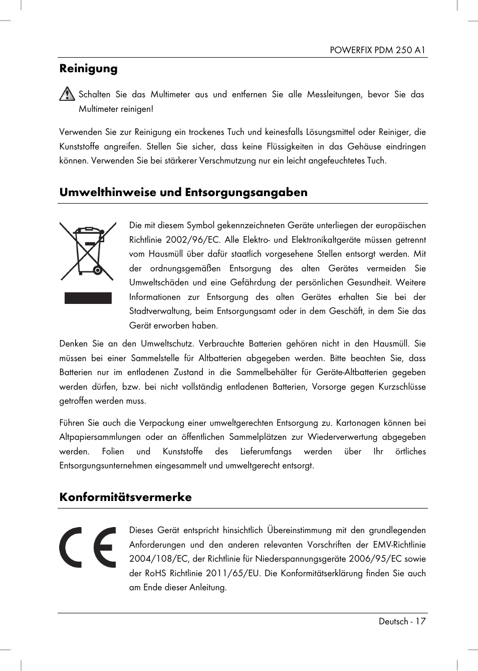 Reinigung, Umwelthinweise und entsorgungsangaben, Konformitätsvermerke | Powerfix PDM 250 A1 User Manual | Page 19 / 90