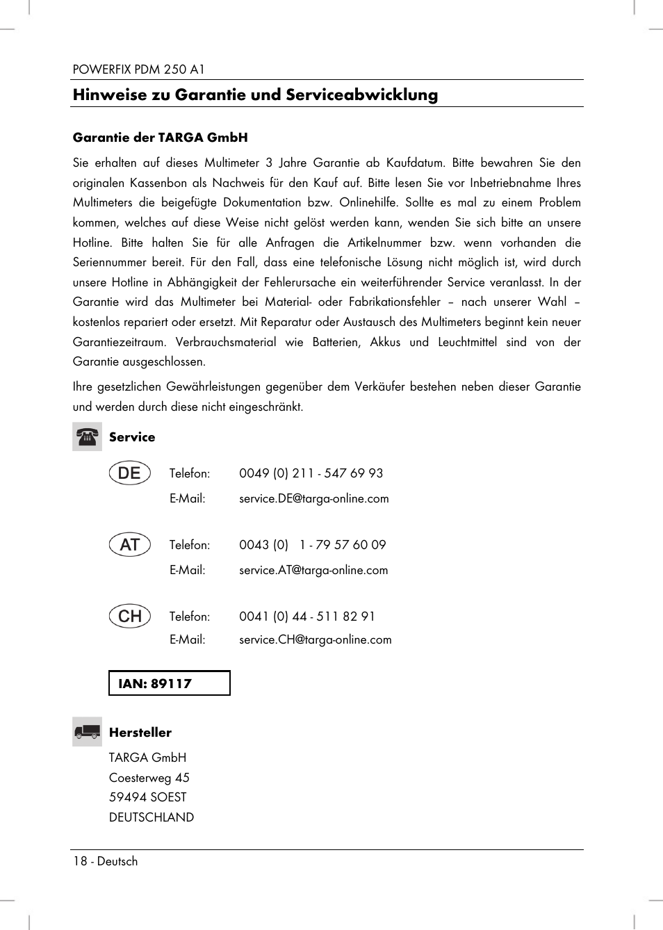 Hinweise zu garantie und serviceabwicklung | Powerfix PDM 250 A1 User Manual | Page 20 / 90