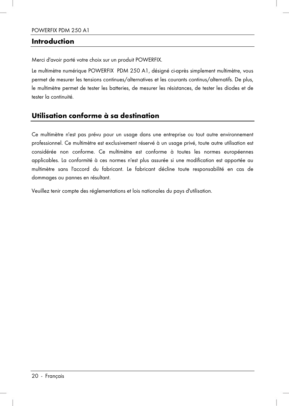 Introduction, Utilisation conforme à sa destination | Powerfix PDM 250 A1 User Manual | Page 22 / 90