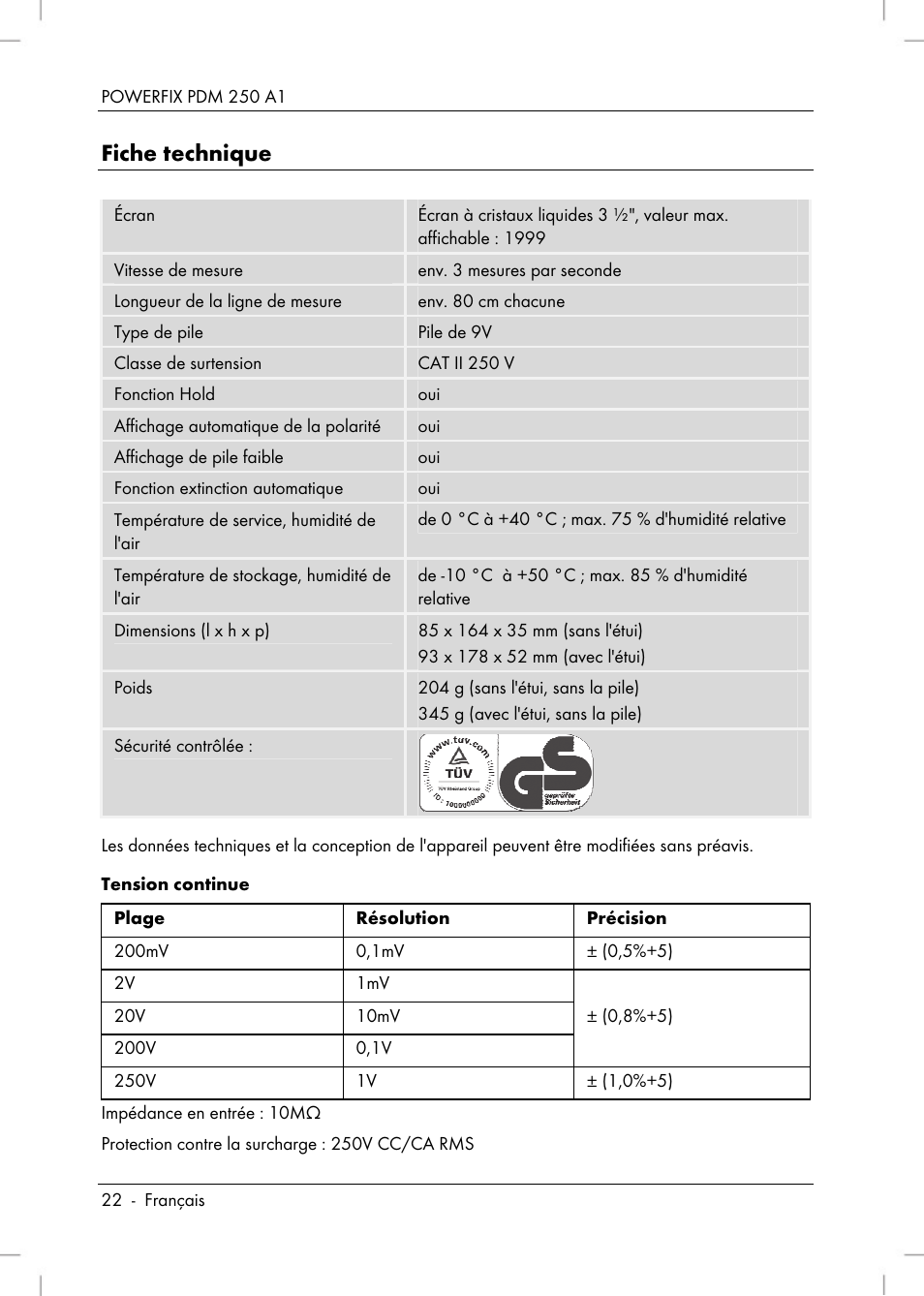Fiche technique | Powerfix PDM 250 A1 User Manual | Page 24 / 90