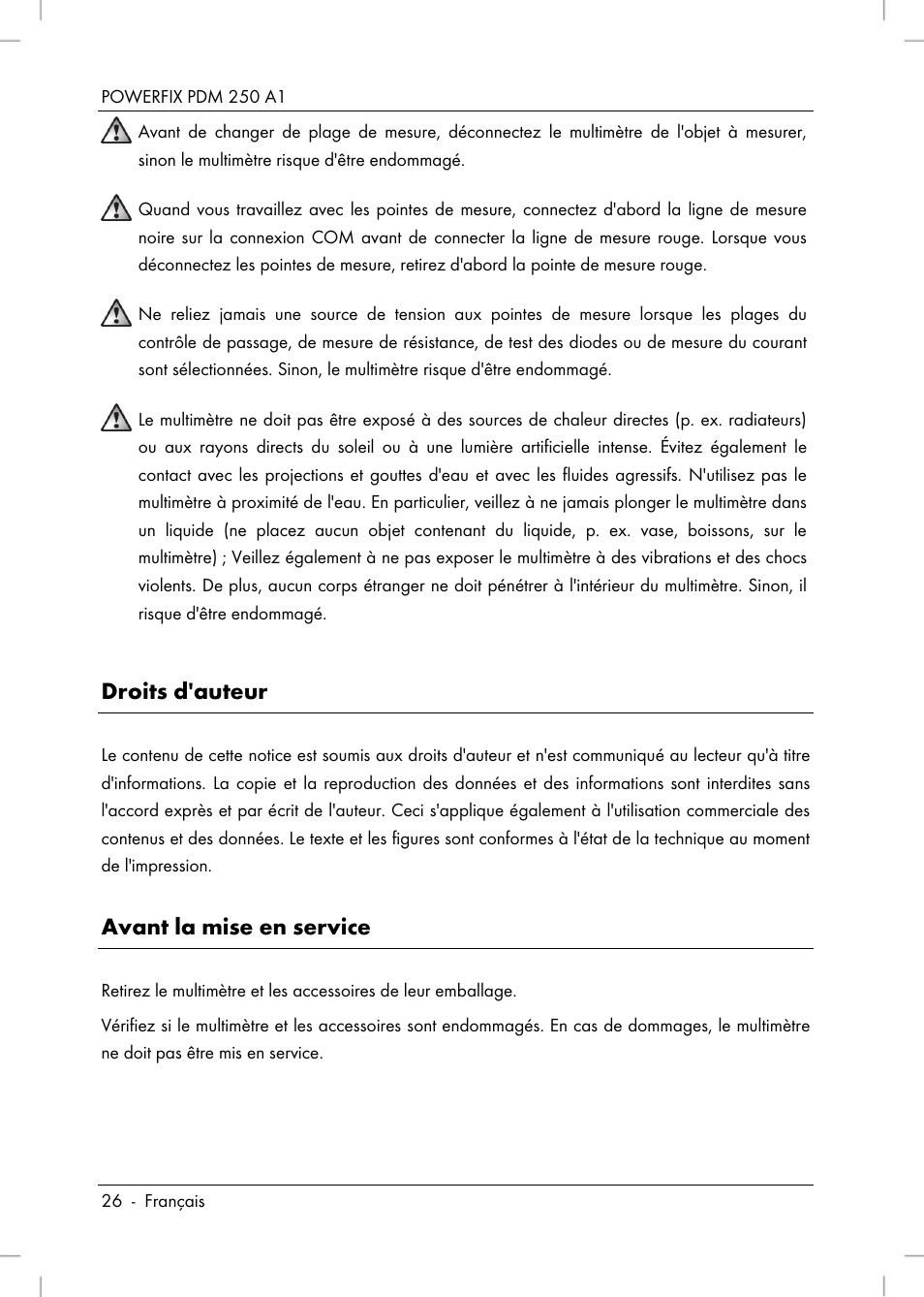 Droits d'auteur, Avant la mise en service | Powerfix PDM 250 A1 User Manual | Page 28 / 90