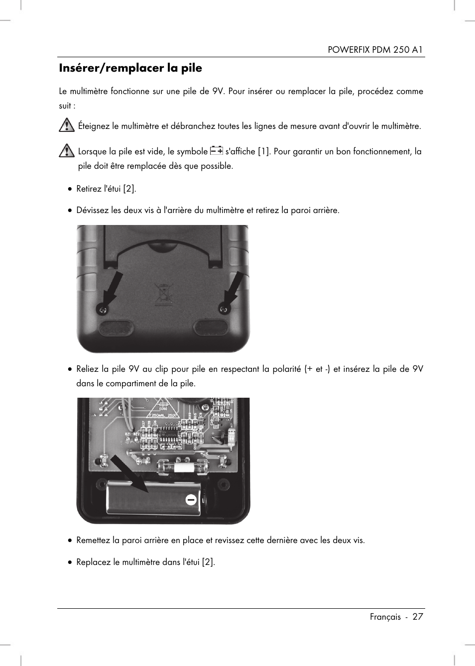 Insérer/remplacer la pile | Powerfix PDM 250 A1 User Manual | Page 29 / 90