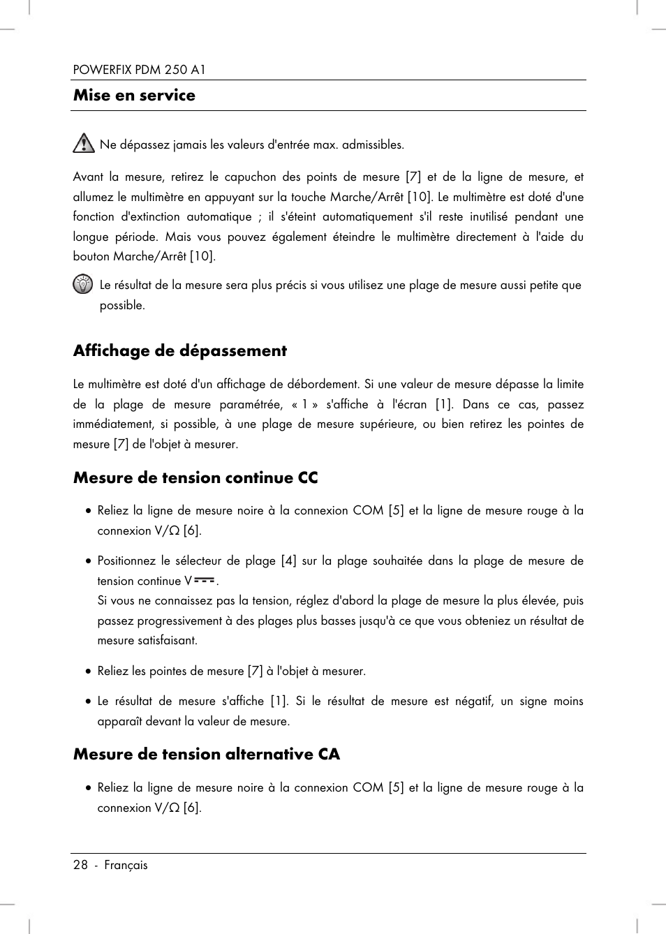 Mise en service, Affichage de dépassement, Mesure de tension continue cc | Mesure de tension alternative ca | Powerfix PDM 250 A1 User Manual | Page 30 / 90