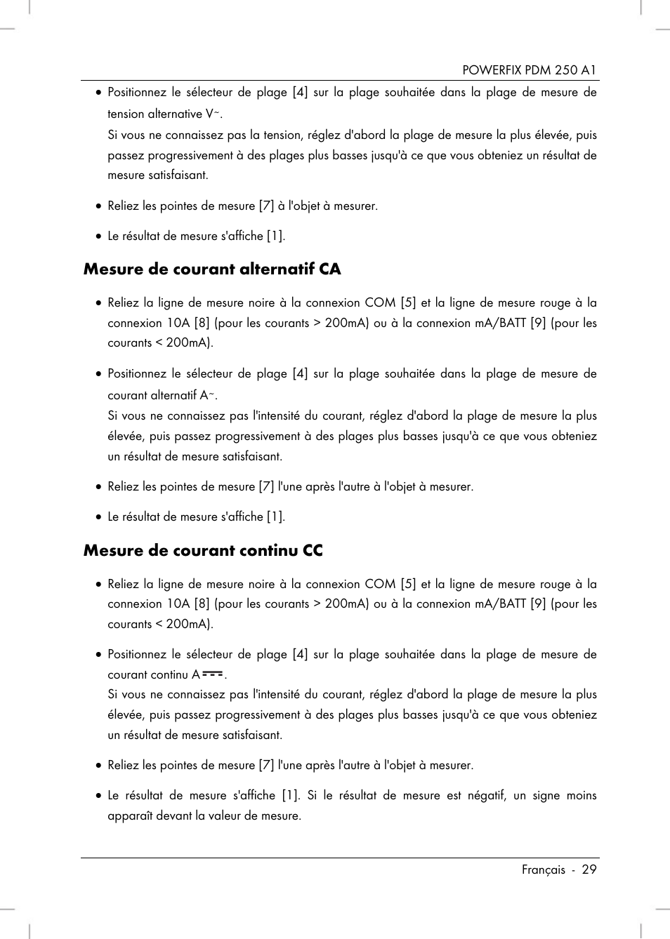 Mesure de courant alternatif ca, Mesure de courant continu cc | Powerfix PDM 250 A1 User Manual | Page 31 / 90