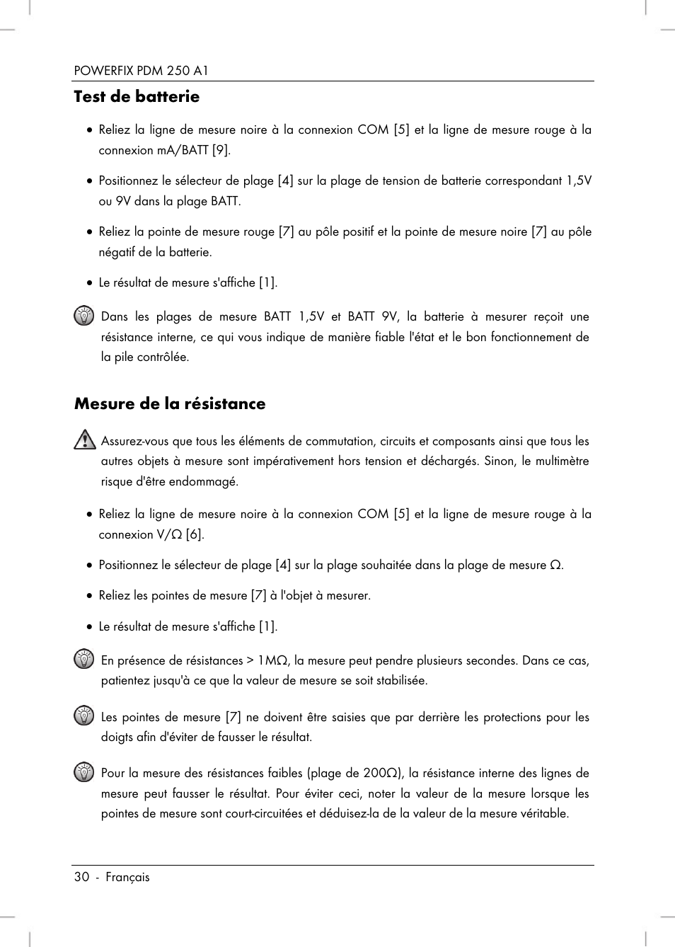 Test de batterie, Mesure de la résistance | Powerfix PDM 250 A1 User Manual | Page 32 / 90
